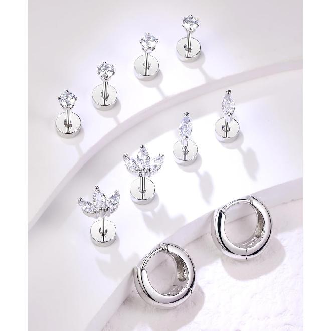 Flat Back Stud Earrings for Women Cartilage Helix Stainless Steel Earring Set for Sensitive Ears Piercing Tragus