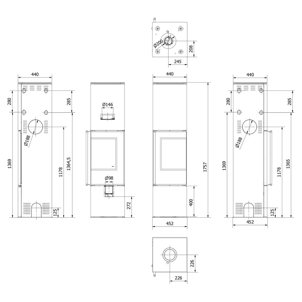 Freestanding Stove KRATKI REN BLACK L Right 7 kW Ø150 Mounting Kit