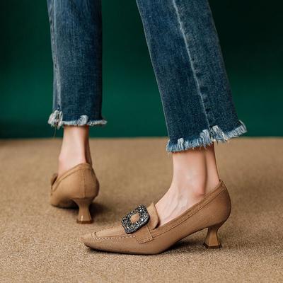 Черные туфли на высоком тонком каблуке, новые осенне-зимние, со стразами, квадратной пряжкой, квадратным носком, одинарные туфли, ветрозащитные, на среднем каблуке, женская обувь