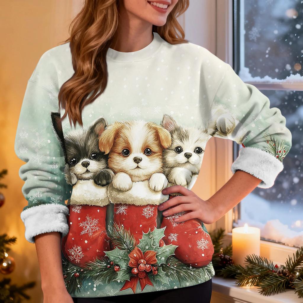 Women's Fashion Casual Long Sleeve Christmas Printed Round Neck Plus Velvet Thickened Sweatshirt