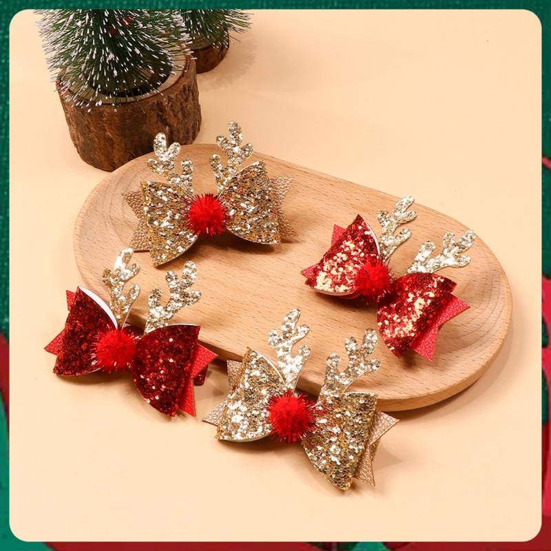 Sparkling Hair Clip with Sequins Cute Bowknot Deer Horn Hairpin for Girls Perfect Festive Headwear Christmas Present