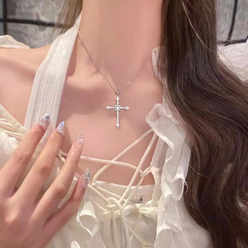 Vintage Pink Purple Rhinestone Cross Necklace for Women, Dainty Gemstone Christian Cross Pendant, Religious Catholic Boho Cross Jewelry Gift