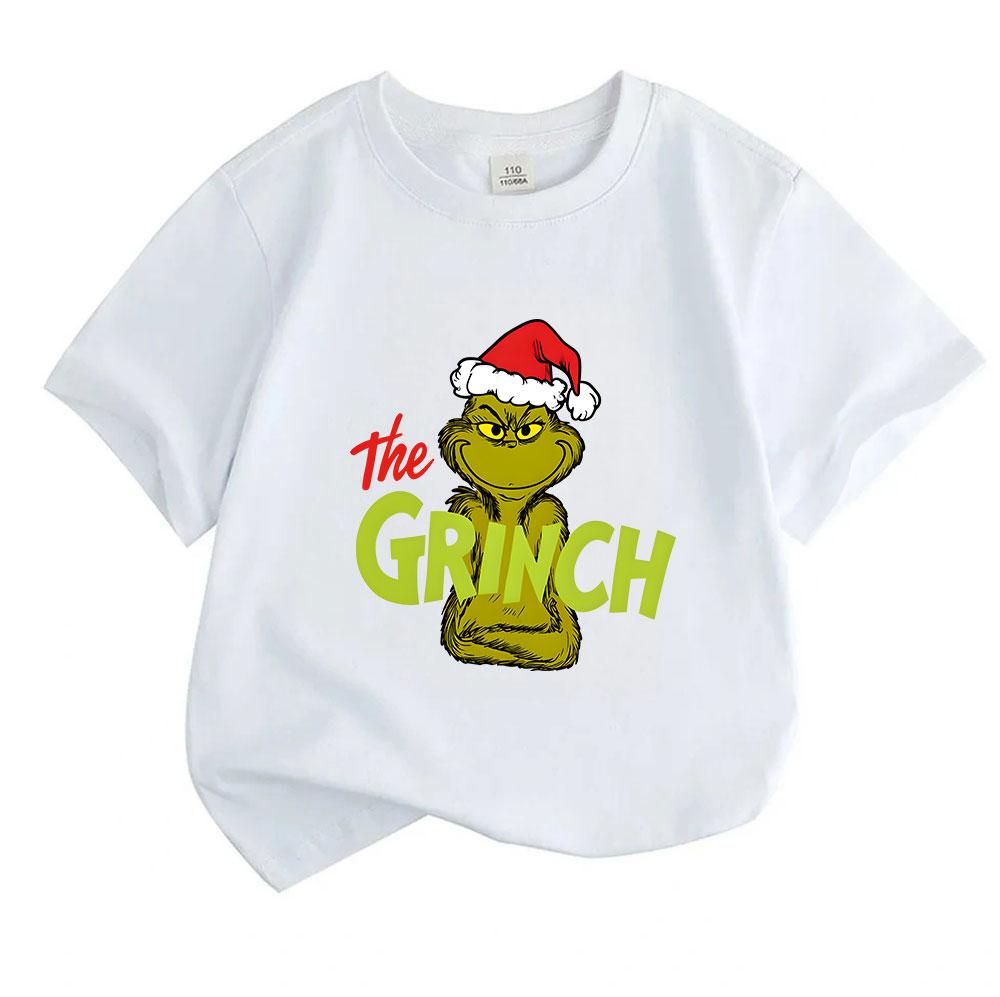 Kids Boys Girls 100% Cotton Crew Neck Short Sleeve T-Shirt, Funny Green Christmas Grinch Graphic Casual Tee for Holiday Daily Wear