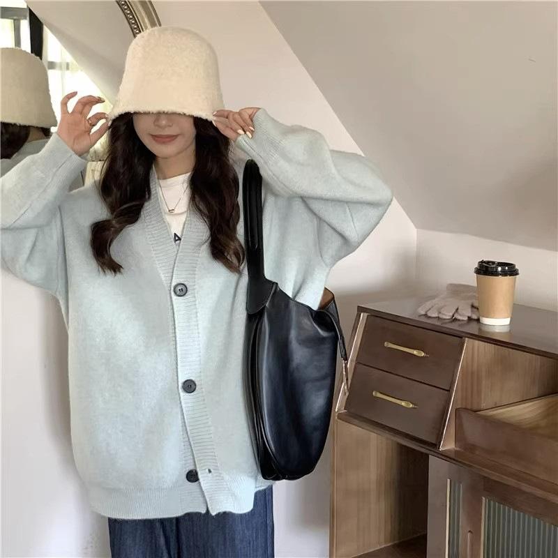 Осенне-зимний женский свитер-кардиган, куртка, свободный однотонный вязаный кардиган с ленивым ветром, простой вязаный кардиган