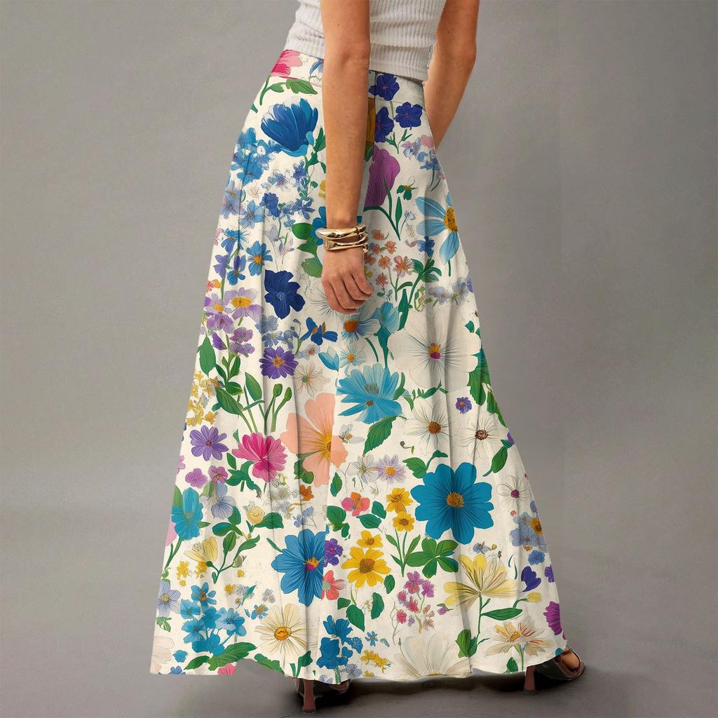 Женская повседневная складная юбка макси с цветочным принтом, высокой талией и карманом, с драпировкой