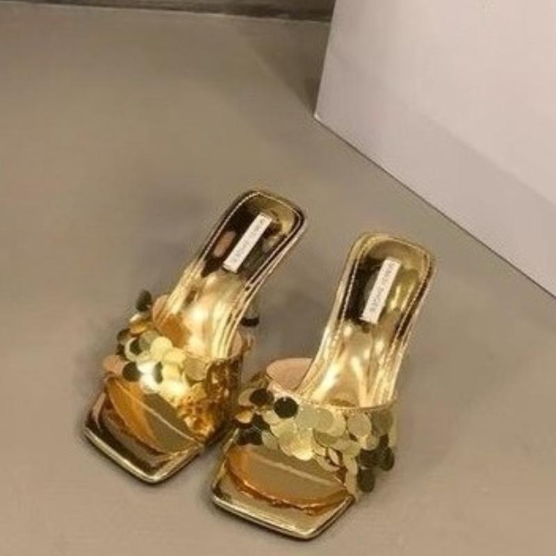 Лето 2025 Горячие Продажи Женские Туфли на Высоком Каблуке и Шлепанцы Модные и Элегантные Квадратный Носок Уличные Универсальные Серебристые Женские Туфли