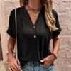 Однотонная женская блузка с коротким рукавом, V-образным вырезом и пуговицами, повседневные рубашки, модная весна-лето