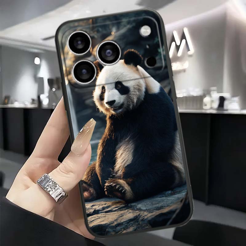 Мультяшный Аниме Панда Милый Для Apple iPhone 17 16 16E 15 14 13 12 11 Pro Max Plus Черный Мягкий Силиконовый Чехол для Телефона
