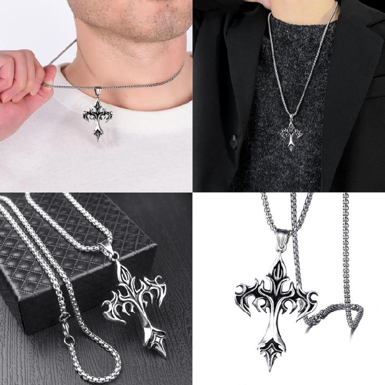 Men's Titaniums Steel Necklace Retro Flame Crucifix Charm Pendant Clavicle Chain Handmade Music Festival Jewelry
