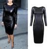 Женское модное сексуальное платье из искусственной кожи с длинным рукавом и круглым вырезом, тонкое вечернее платье
