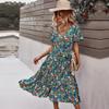 Spring Summer Women Floral Print Casual Dress V Neck High Waist S-XL