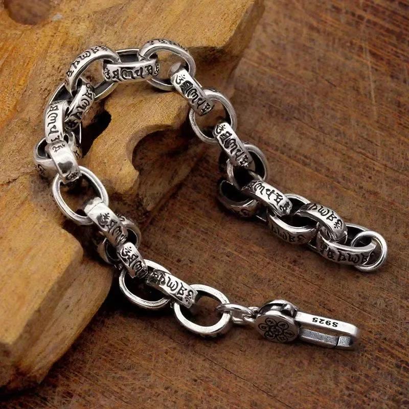 Real Solid S925 Silver New Six-Character Mantra Bracelet Men Women Retro Trend Jewelry Gift