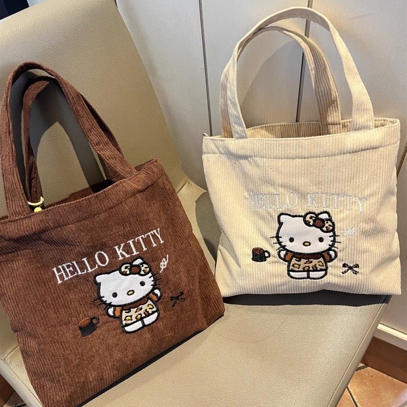 Многоразовые вышитые мультяшные женские сумки Hello Kitty Kawaii Сумка-тоут Сумка Большая вместимость Вельветовые сумки на одно плечо