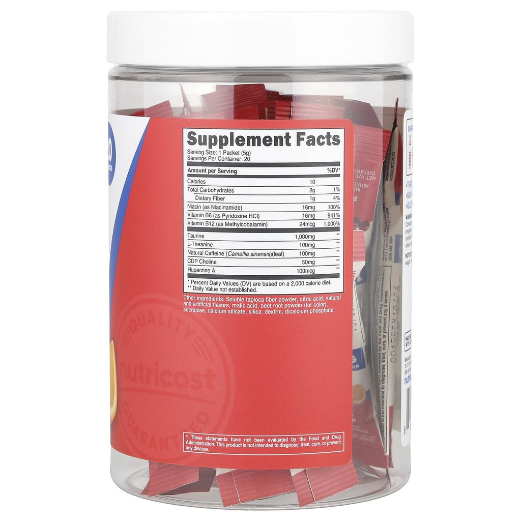 Nutricost Energy, Clean Energy Powder, Fruit Punch, 20 Stick Packs, 5 G (0.18 Oz) Each