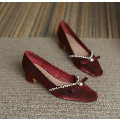 Свадебные туфли Xiuhe на среднем каблуке с кристаллами, женские жемчужные туфли-лодочки на толстом каблуке, маленькое ароматное французское платье, туфли на высоком каблуке, модели весна-осень