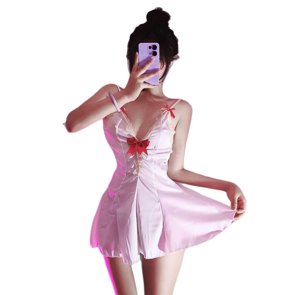 Сексуальное нижнее белье Pure Desire Girl Атласная кружевная ночная рубашка с бантом Воздержание Французский сексуальный подтяжка