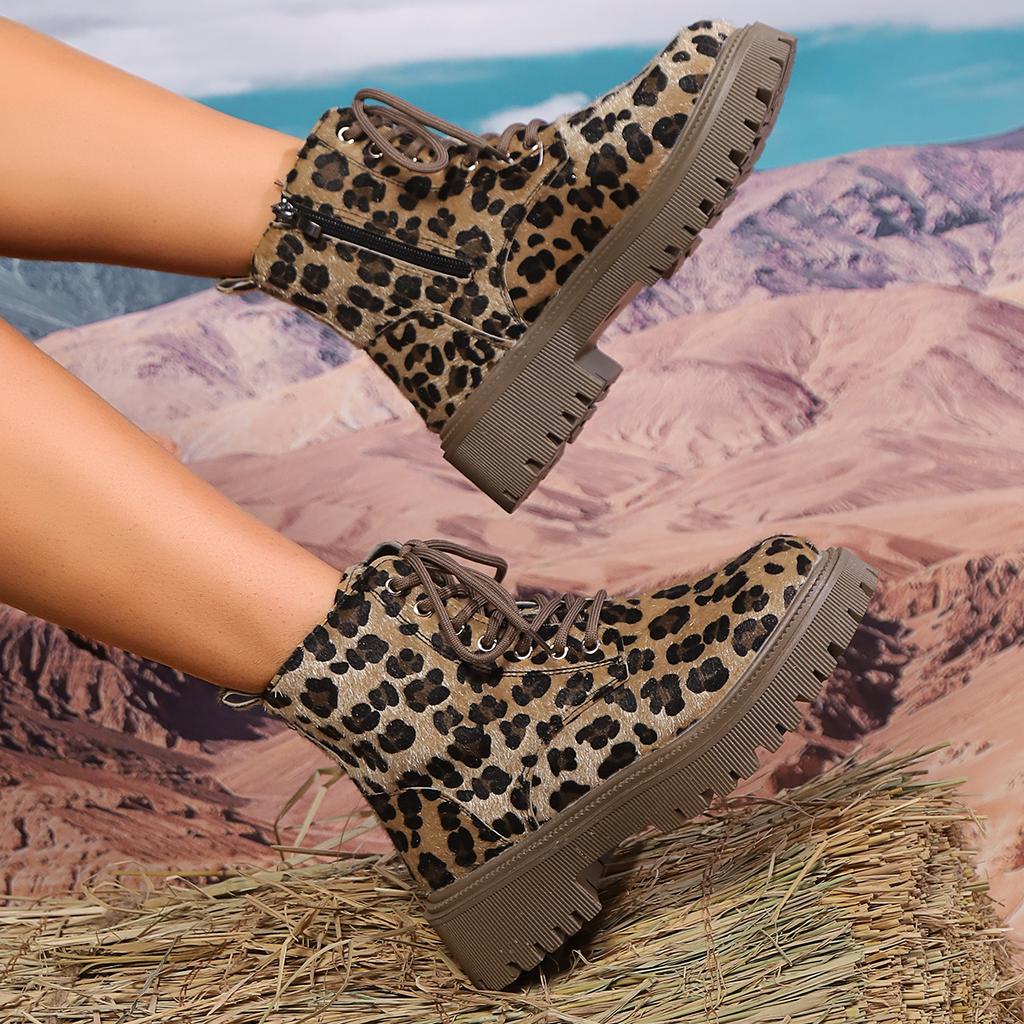 Женские ботильоны с леопардовым принтом на толстой подошве, модные ботинки на платформе со шнуровкой и боковой молнией, женские осенне-зимние нескользящие армейские ботинки