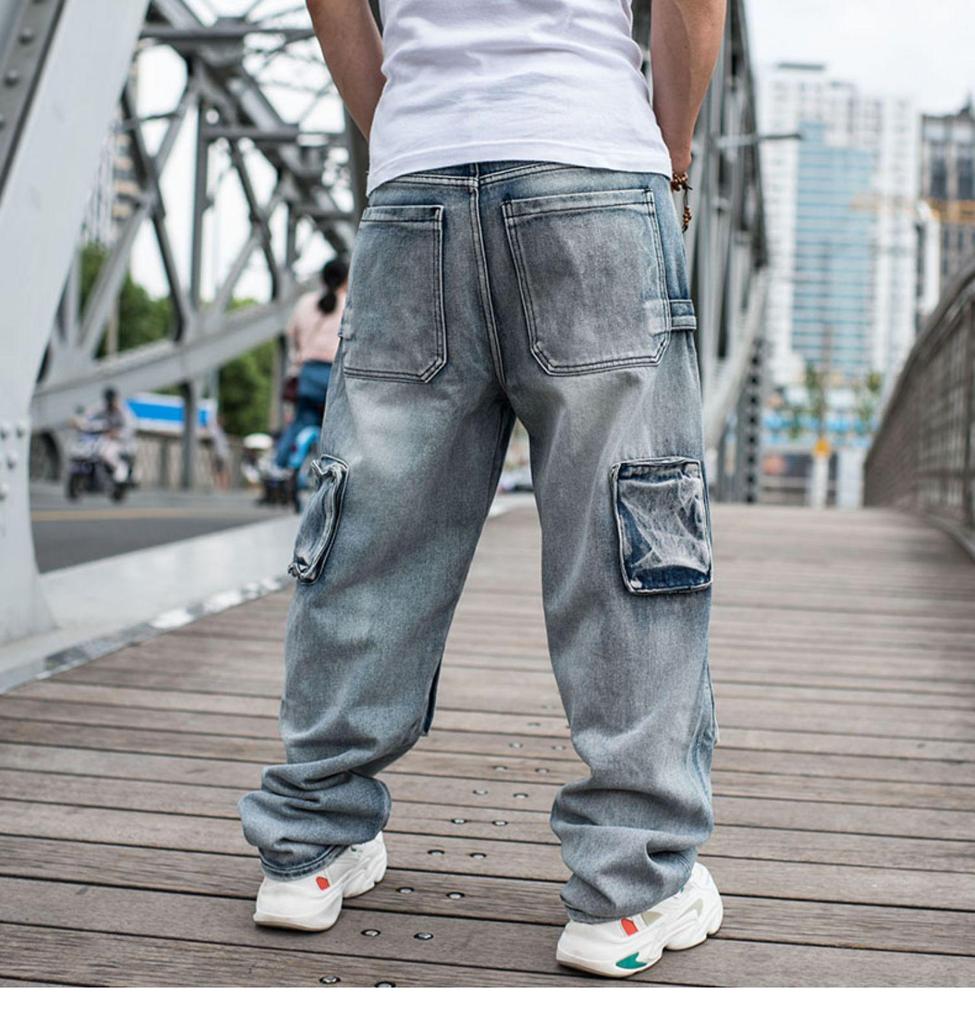 Джинсы для мужчин, брендовые мужские прямые джинсовые брюки-карго в японском стиле, байкерские джинсы, мужские мешковатые свободные синие джинсы с боковым карманом