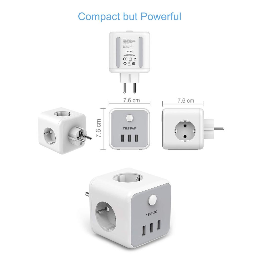 Tessan Черный/серый адаптер-удлинитель настенной розетки в форме куба с 3 розетками, 3 USB-портами, несколькими европейскими вилками, удлинителем, защитой от перегрузки