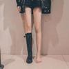 Shoes for Women Black Middle Heel Footwear Winter Knee High Shaft Long Ladies Boots with Laces Lace-up On Promotion New Rock Pu