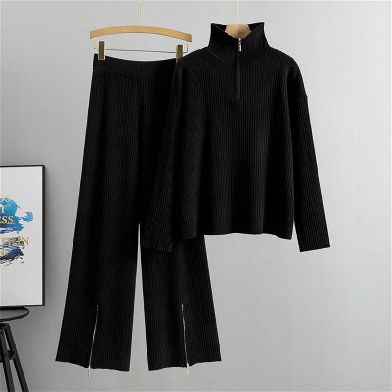 Женский весенний однотонный вязаный свитер с высоким воротником на молнии, модный повседневный комплект свитера