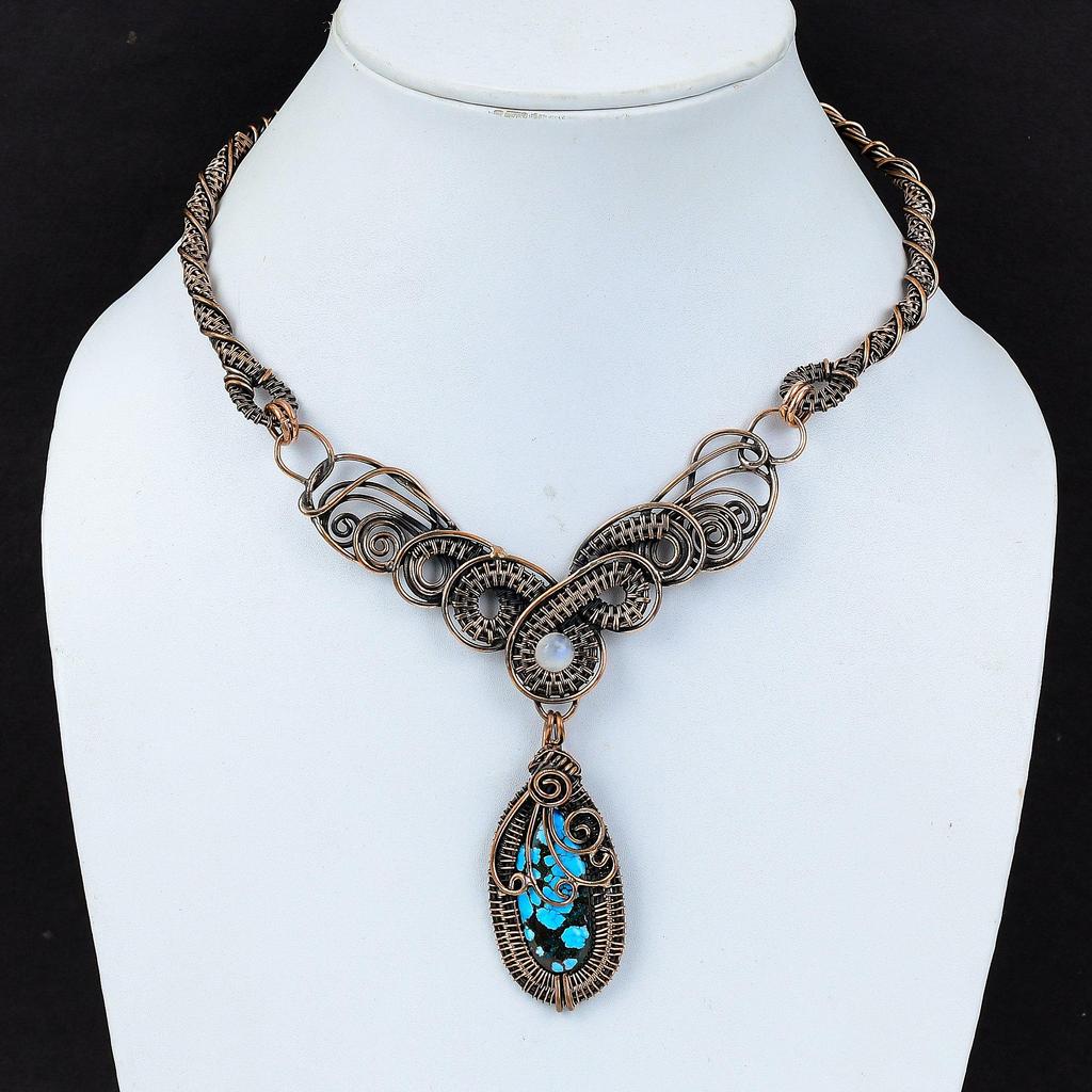 Тибетское бирюзовое ожерелье, ожерелье из медной проволоки, ювелирные изделия ручной работы из драгоценных камней, ожерелье из радужного лунного камня, подарок для мамы, ювелирные изделия из проволочной обмотки