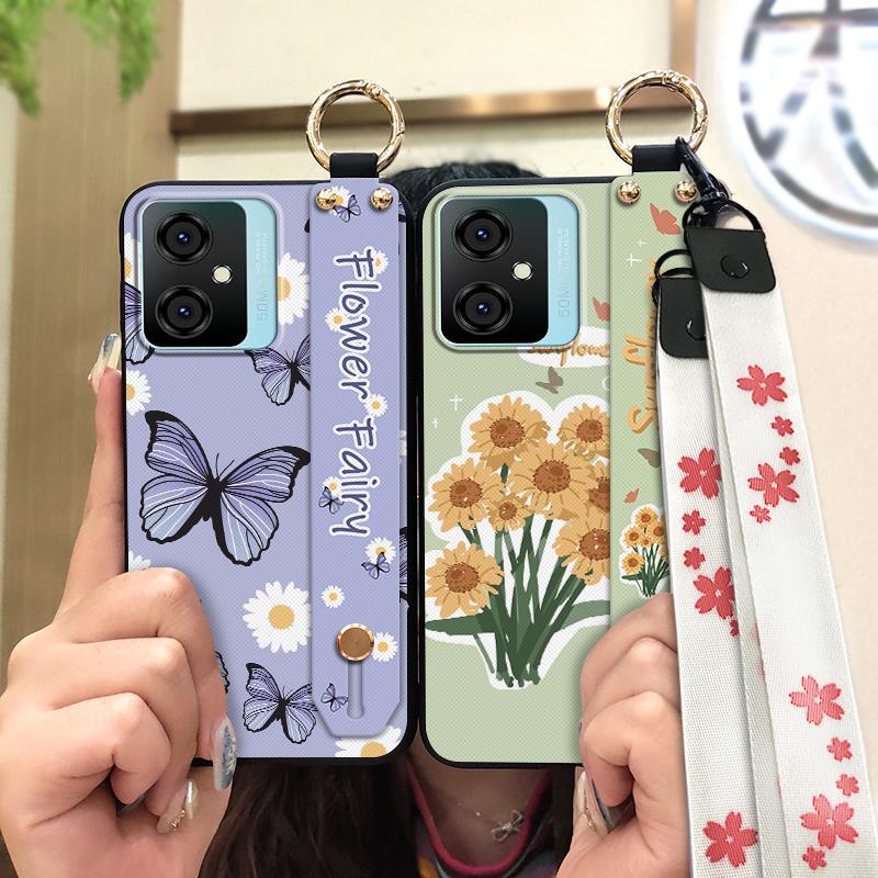 Silicone Flower Phone Case For Blackview Oscal C70 Kickstand Waterproof Dirt-resistant Shockproof Wrist Strap Durable