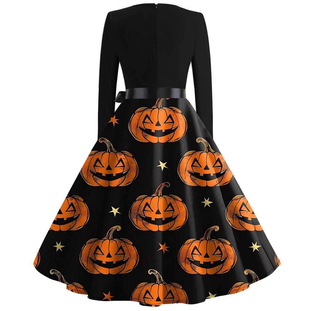 Платье с расклешенным принтом на Хэллоуин для женщин, платье с длинным рукавом, полые вечерние повседневные платья