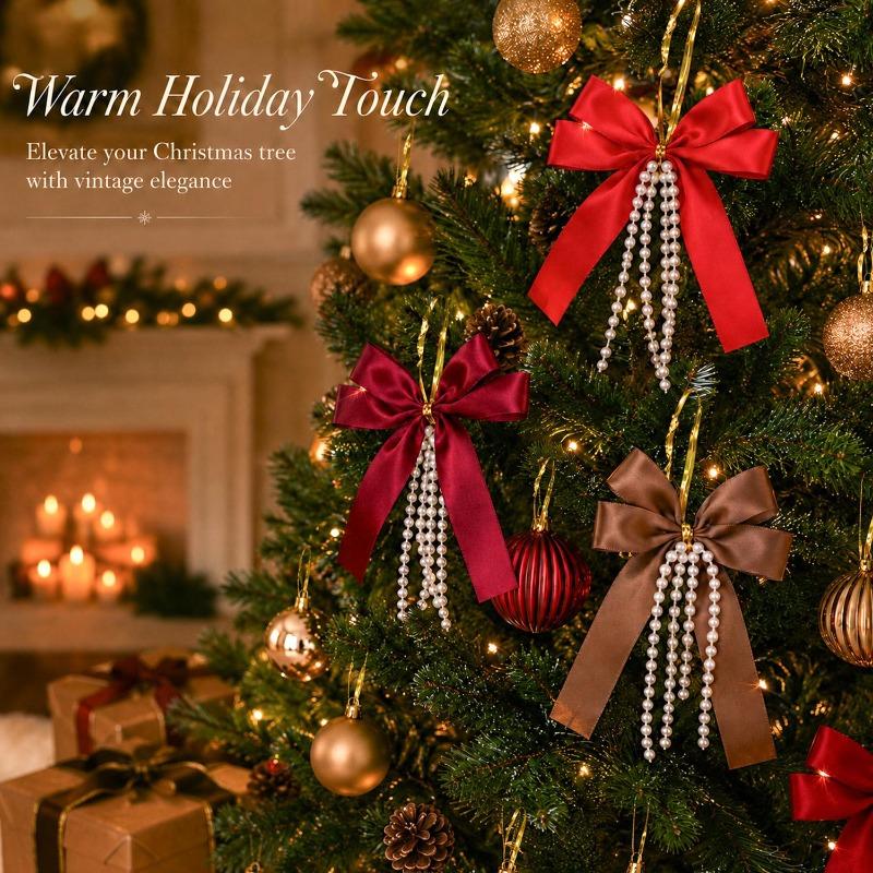 Christmas Bow Pendant DIY Bow Decorations with Long Pearl Tassel Pendant Xmas Tree Wreath Hanging Ornaments Party Decor Supplies