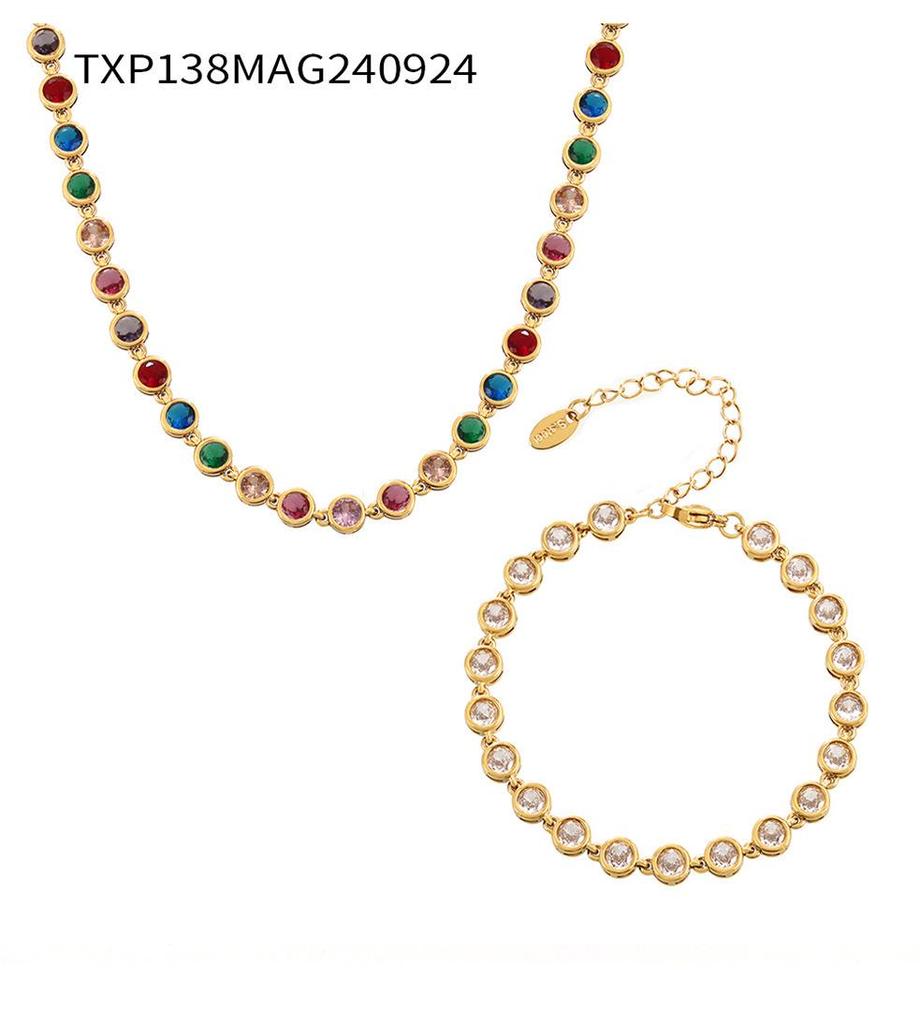 Комплект украшений из богемского циркония: Цветные бусины, круглое ожерелье и браслет, титановая сталь с PVD-покрытием из 18-каратного золота.