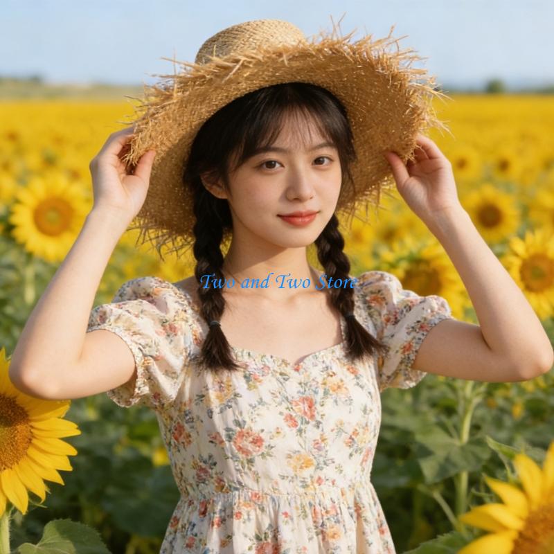 HX6F Popular Woven Straw Hat Natural Raffia Sun Hat With Oversized Brims For Women