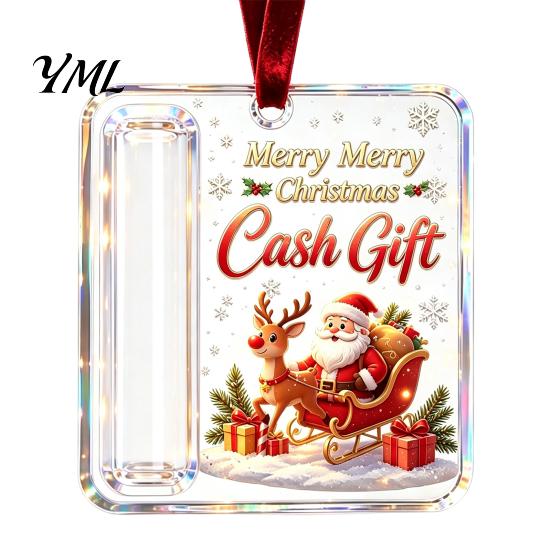 Reusable Christmas Gift Pendant Acrylic Money Holder Ornament, Cash Hanging Decor with Tree Ornament Festive Pattern, for Surprise Giving, Holiday