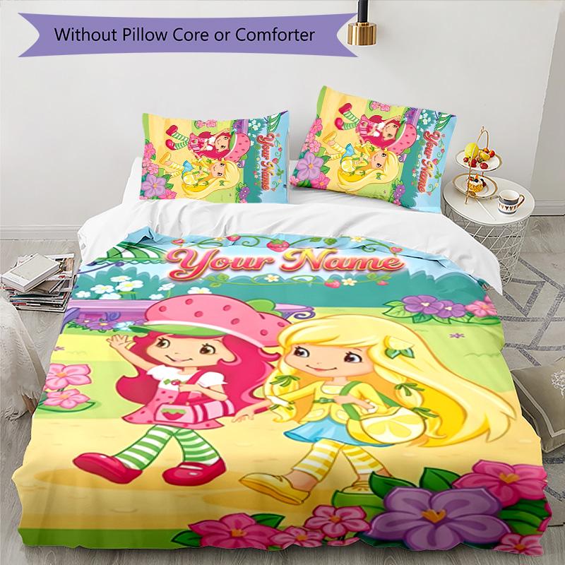 3pcs Princess Strawberry Cover Set - Personalized Name, HD Printed Bedding with 1 Cover and 2 Pillowcases - Perfect for Home Decor, Easy Care