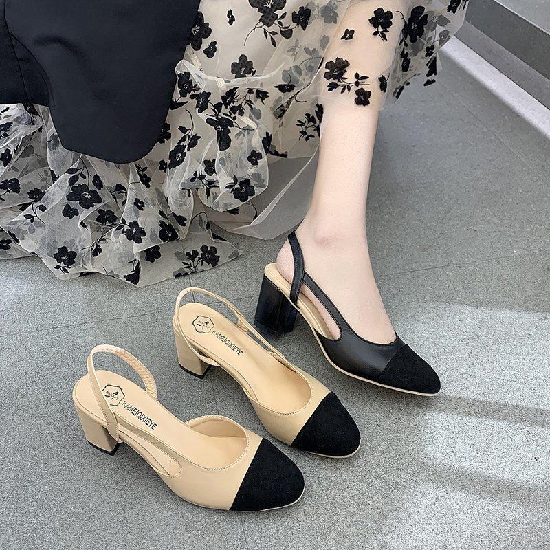 Summer New High-Heeled Square Head Horse Street Buckle Baotou Back Empty Metal Decorative Sandals Casual Leather Ladies Shoes