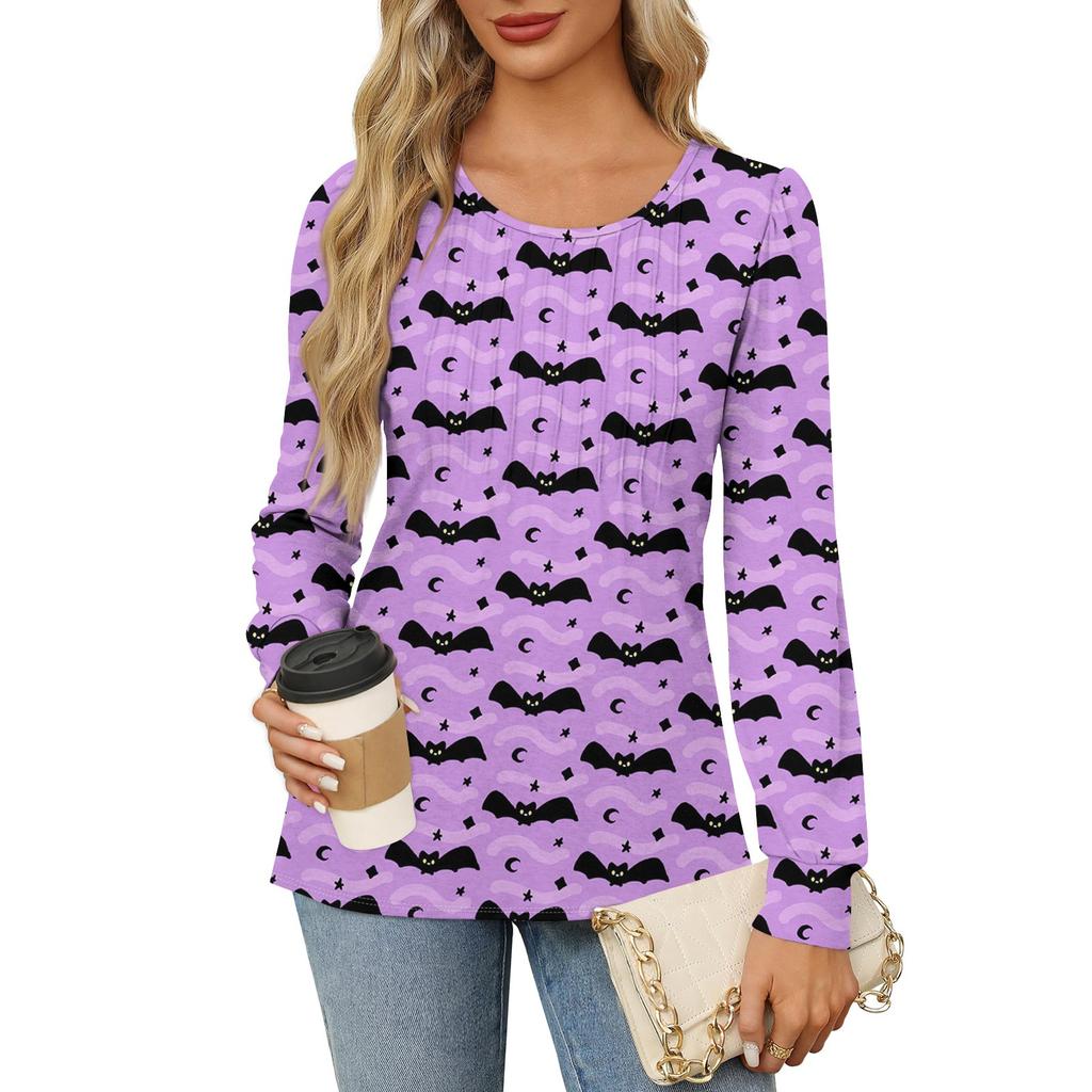 Long Sleeve Shirts For Women Cute Print Graphic Tees Blouses Dressy Casual Blouses Pleated Scooped Neck Tunic Tops Halloween