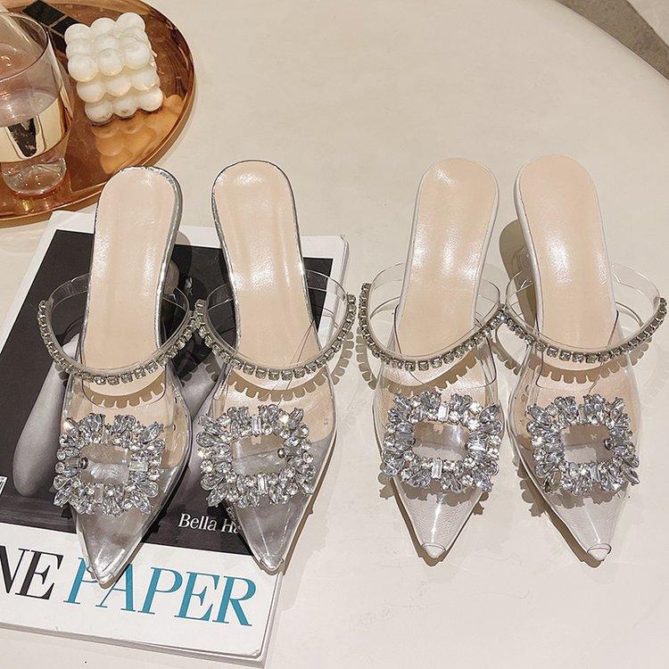 Baotou Half Slippers Women's Summer Outer Shoes Rhinestone Sandals Transparent Crystal High Heels Women's Stiletto Shoes High Heels Slippers