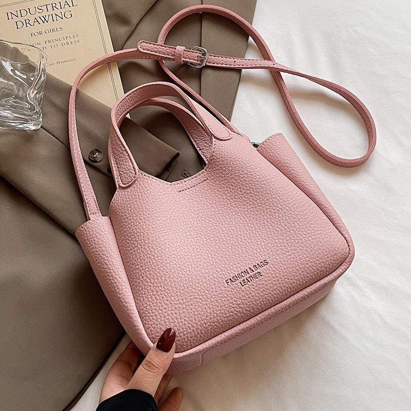 Trend Simple Casual High-end Lychee Pattern Portable Bucket Bag Niche Versatile Commute To Work Solid Color Messenger Bag