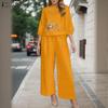 Women 3/4 Sleeve Print Blouse and Pants Casual Two Piece Suit Sets