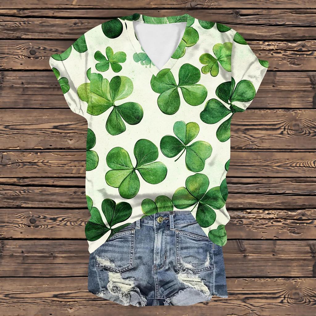 Женская повседневная свободная одежда St. Футболка с короткими рукавами и V-образным вырезом с принтом ко Дню Святого Патрика