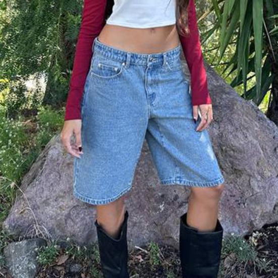 Женские джинсовые шорты длиной до колена с карманами, мешковатые джинсовые шорты-бермуды со средней посадкой, прямые джинсы, короткие брюки