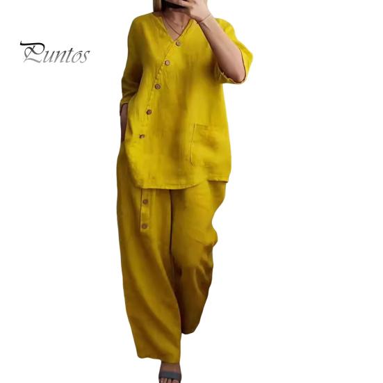 2 Pcs/Set Blouse Pants Set V Neck Button Decor Three Quarter Sleeves Top Wide Leg Loose Elastic Waist Trousers OL Commute Casual Homewear Outfit