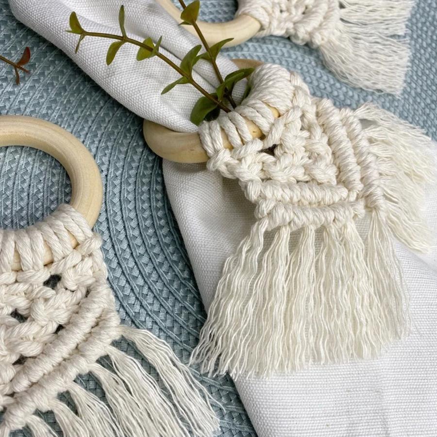 Boho Napkin Rings with Wooden Ring, Handmade Woven Fringe Napkin Holders for Rustic Wedding, Party & Farmhouse Table Decor