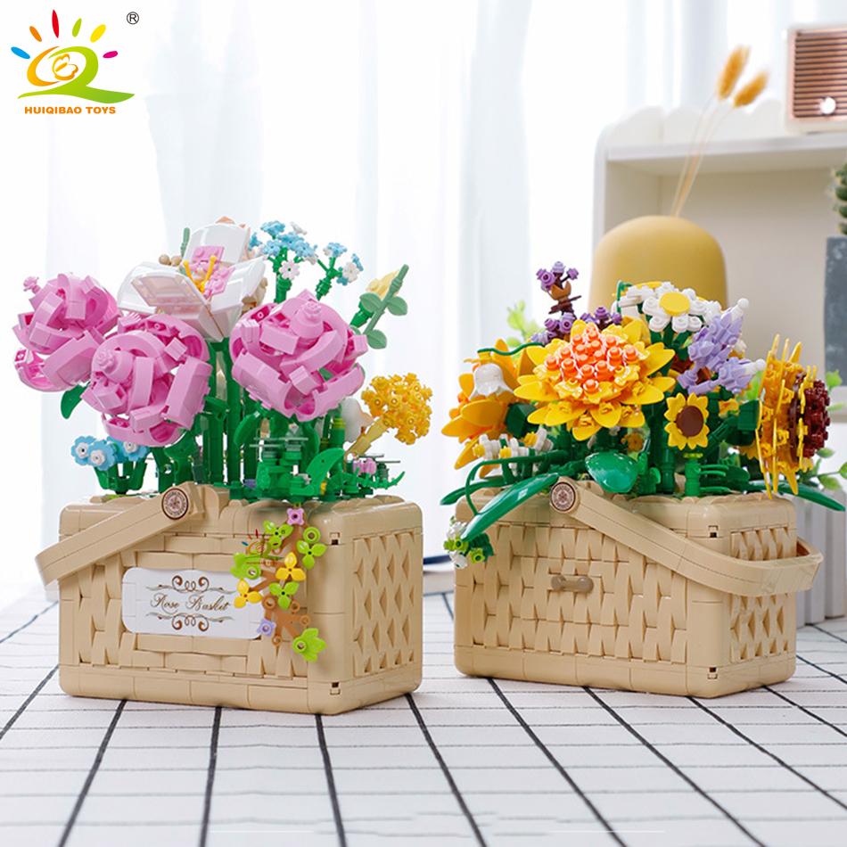Flower Rose Sunflower Potted Mini Building Blocks 3D Bouquet Model MOC Micro Bricks Children Construction Toys Friend
