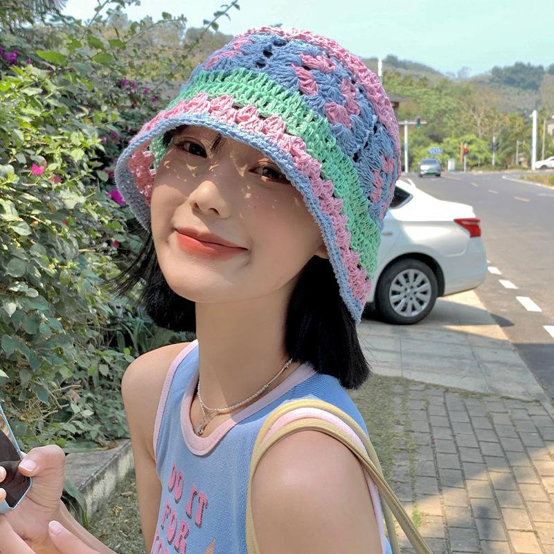 Japanese-style knitted hollow floral bucket hat for women, sweet and versatile for spring and summer, handmade large head circumference fisherman hat