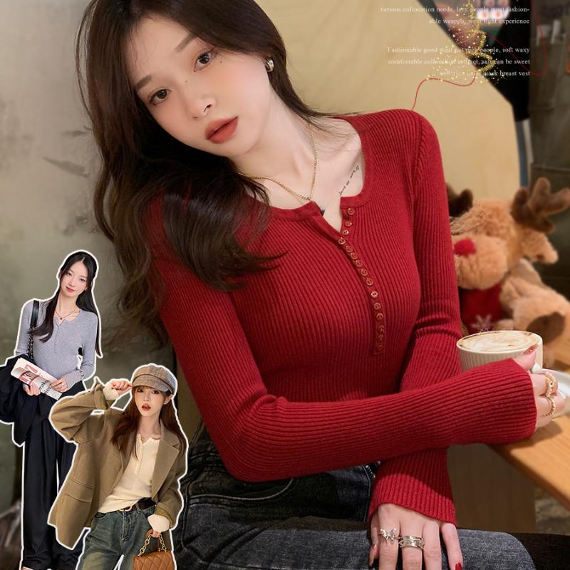 Модный повседневный красный свитер с длинным рукавом и круглым вырезом, женский осенне-зимний однотонный рождественский вязаный свитер, топы, элегантные вязаные джемперы 25670