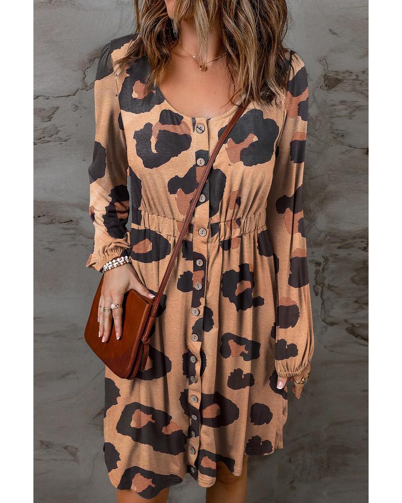Azura Exchange Платье свободного кроя с леопардовым принтом, на пуговицах спереди и рукавами-фонариками