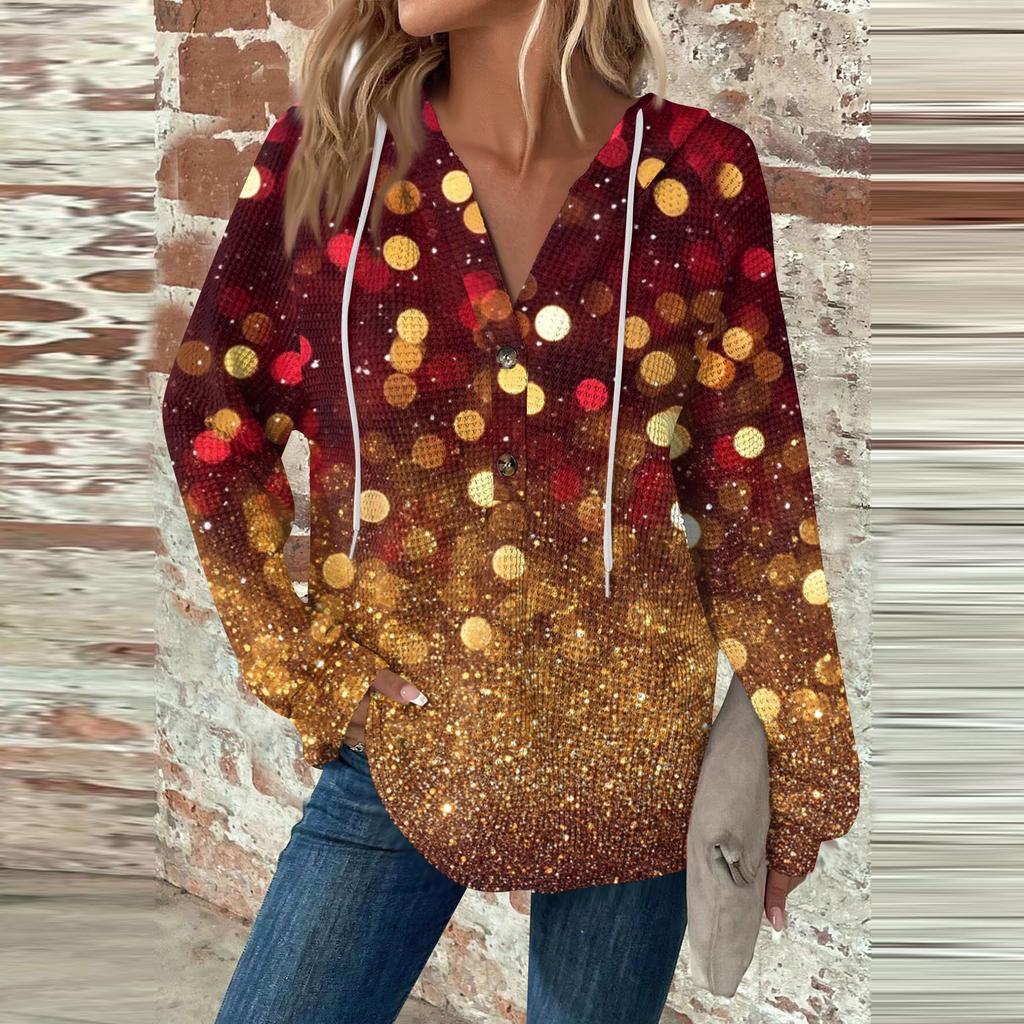 Женская мода с длинным рукавом, завязками на шнурке, капюшоном, пуговицами, V-образным вырезом, повседневная толстовка с капюшоном и рождественским принтом