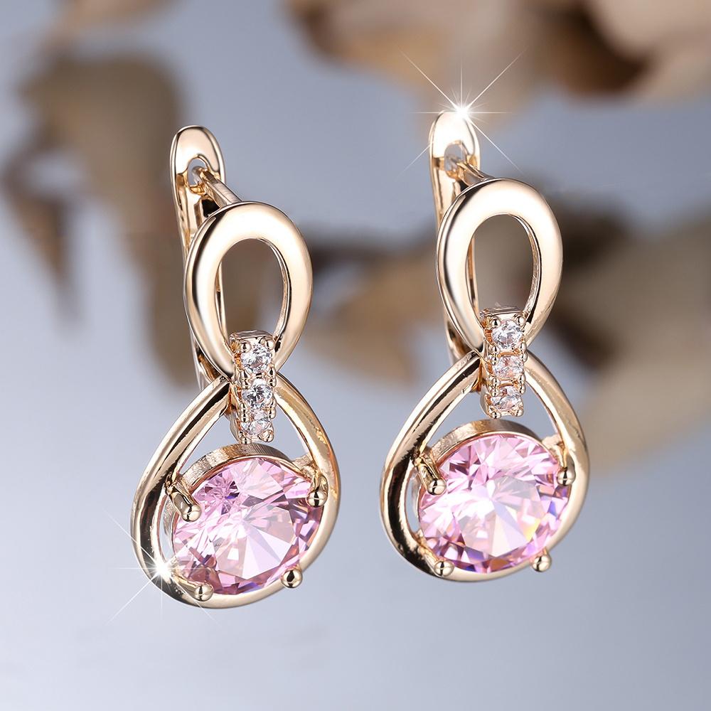 1 пара серег золотистого цвета с круглыми розовыми камнями, женские свадебные серьги-капли, ювелирные изделия