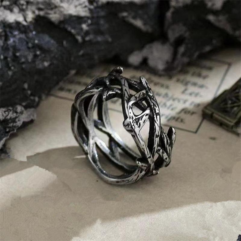 Personality Hollow Thorns Ring Men 'S Jewelry Hip -Hop Ins Style Interwoven Asymmetric Ring Male 925 Silver Finger Accessories