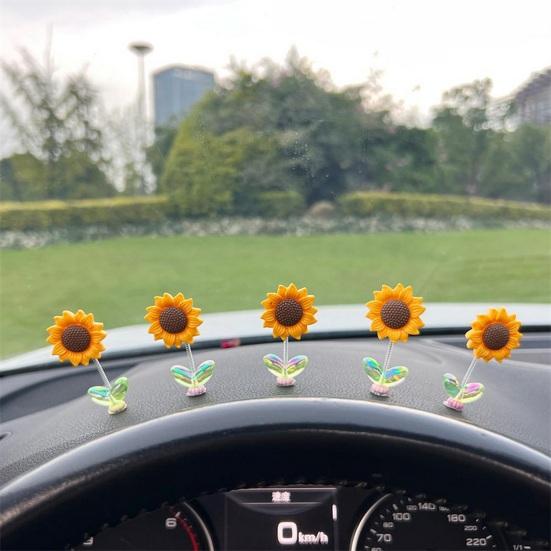 2/5Pcs Shaking Head Sunflower Car Decoration Adhesive Auto Dashboard Center Console Yellow Flower Ornament Doll